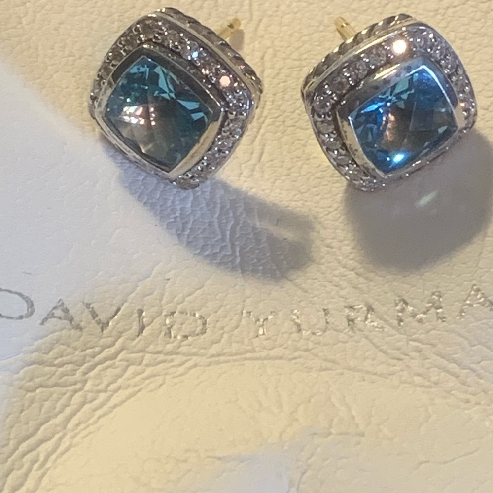 David Yurman Sterling Silver Stud Earrings with Blue Topaz and Pave’ Diamonds
